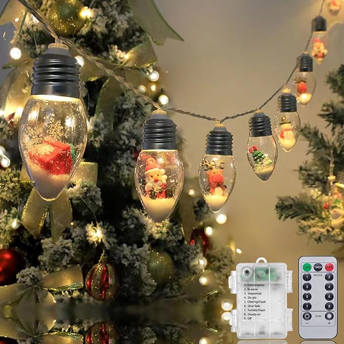 Christmas Lights Indoor 6.8Ft Christmas Snow Globe Lights 10 LED Fairy Lights with Remote Timer, Battery Powered String Lights Warm White String Lights Indoor for Bedroom Party Vintage Christmas Decor - string light