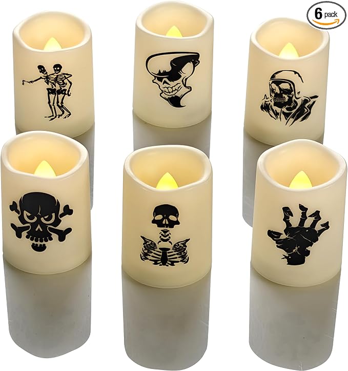 Halloween Battery Operated Flameless LED Votive Candle Skull Skeleton 6 PCS
