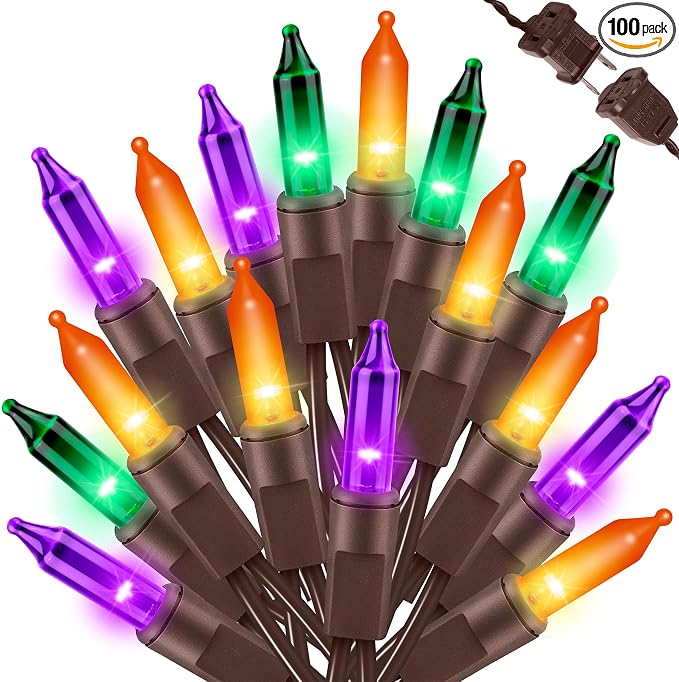 LAMPHOME Halloween String Light,100 Count Incandescent Mini String Light in 19.6ft,Indoor/Outdoor 120V UL Certified Mini Light for Halloween,Patio Lawn,Home,Garden,Party (Orange+Purple+Green) - string light