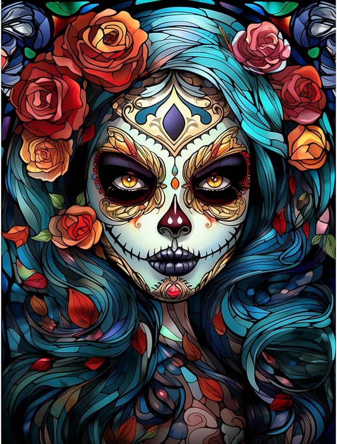 Sugar Skull Girl Diamond Painting DIY 5D, Fashion Skeleton Makeup Numbering Kit,Day of Dead Artwork Red Rose Wall Art Crystal Rhinestone Embroidery Picture Home Decor Adults Boho Gift(12''Wx 16''H) - skull sticker