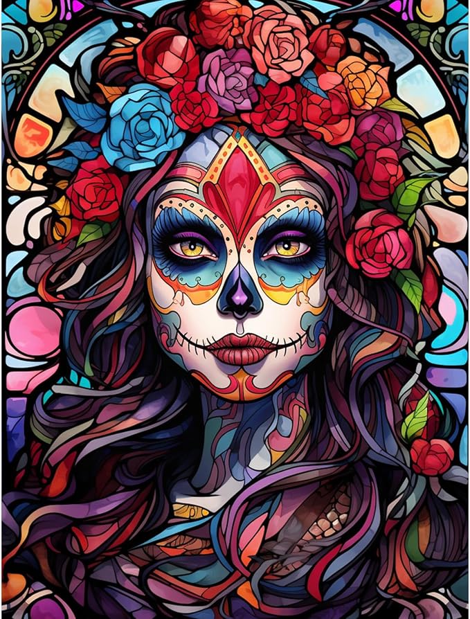 Sugar Skull Girl Diamond Painting DIY 5D, Numbering Kit,Red Rose Flowers Artwork/Pictures Mexico Day of The Dead Wall Art Crystal Rhinestone Embroidery Painting Home Decor Adults Gift(12''Wx 16''H) - skull wall art