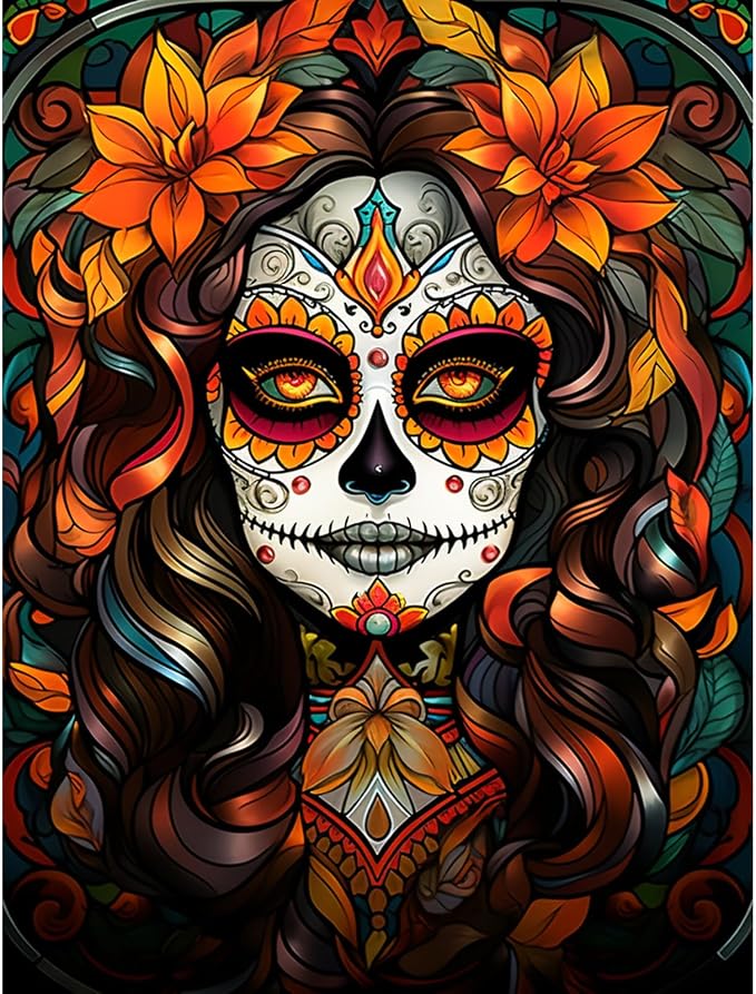 Santa Muerte Diamond Painting Sugar Skull Girl Artwork Fashion Halloween Makeup Wall Art 5D DIY Full Drill Crystal Pictures Autumn Floral Diamond Art for Adult Bedroom Home Decor(16''Wx 12''H) - sugar skull ornament