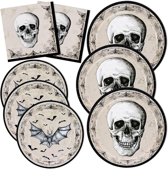 DYLIVeS Halloween Party Plates and Napkins Set, 150 Pcs Skull Bats Tableware for Boys and Adults, Serve 50 - skull plate