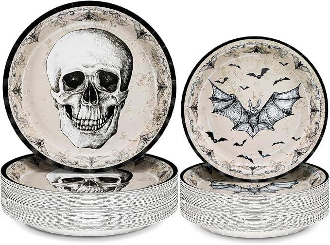 DYLIVeS Halloween Party Plates – 100 Pack Skull Bats Disposable Paper Plates, 9″ Dinner, 7″ Dessert – Spooky Halloween Decorations