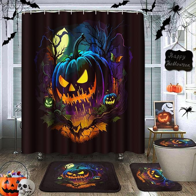 ArtSocket Halloween Bathroom Sets with Shower Curtain and Rugs, Set of 4 - skull toilet mat