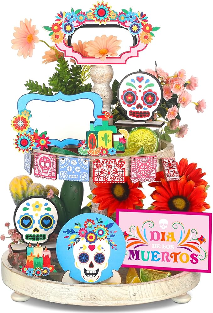 Amyhill 14 Pcs Day of Dead Tiered Tray Decor Sugar Skull Decor - skull figurine
