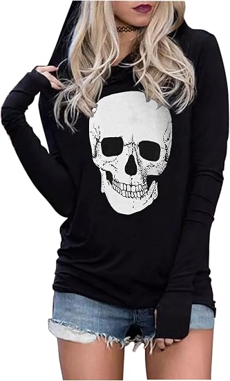 CHUNTIANRAN Women's Halloween Shirts Skull Silhouette Graphic Hoodie T Shirts Casual Loose Long Sleeve Pullover T Shirt - skull sweatshirts
