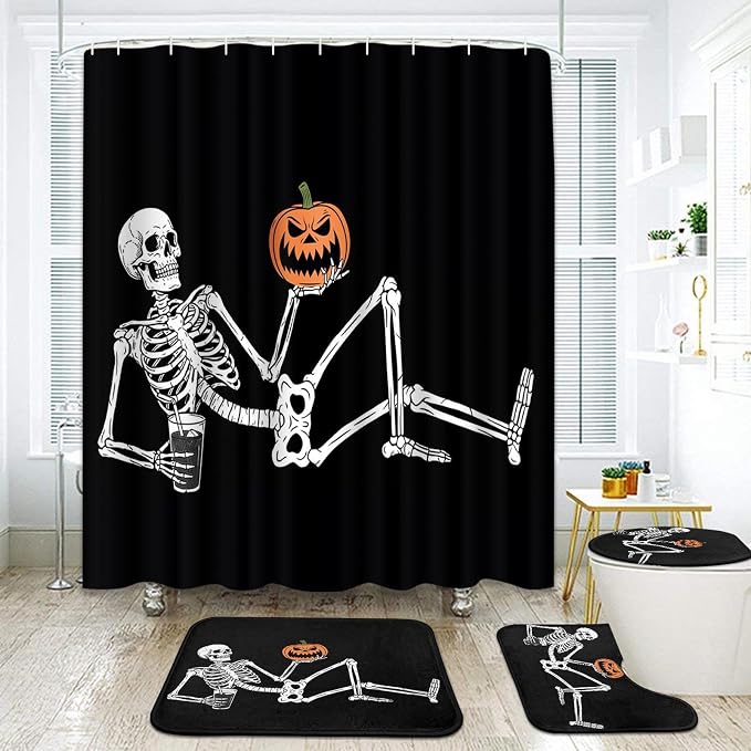 Halloween Bathroom Sets with Shower Curtain and Rugs Skeleton - skull toilet paper