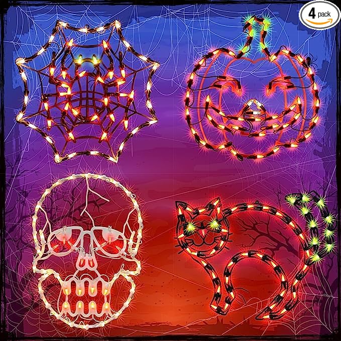 Halloween Decorations – Window Silhouette Holiday Displays, Lighted Jack-O-Lantern, Cobweb, Skull, Cat for Party, Home, Indoor, Tabletop Ornaments (4-Pack)