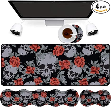 4 in 1 Mouse Pad Combo, Large Gaming Mouse Pad + Keyboard Wrist Support + Mouse Wrist Rest + Coaster, Table Pad with Stitched Edge Memory Foam Ergonomic Wrist Pad Set, Human Skulls Vintage Roses - skull coaster