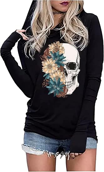 Skull Hoodie Tshirt Women Vintage Gothic Graphic Tees Halloween Hoodies Casual Fall Long Sleeve Pullover Tops - skull sweatshirts