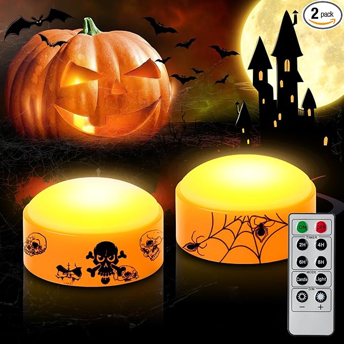 2 PCS Halloween LED Pumpkin Lights with Remote and Timer, Battery Operated Flickering Printed Jack-O-Lantern Orange Lights, Skull Spider Web Design, Flameless Candles Halloween Decor
