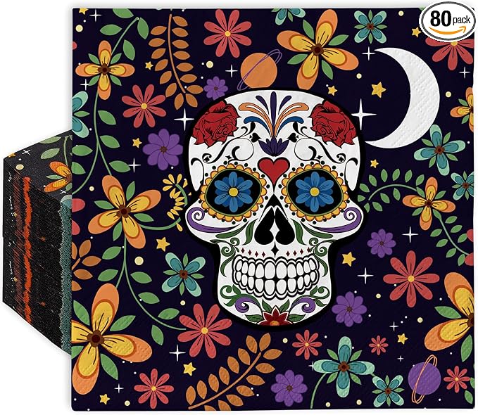 AnyDesign 80 Pack Day of The Dead Skull Paper Napkins Disposable Mexican Style Luncheon Napkins Colorful Flower Skull Decorative Dinner Napkin for Halloween Dia De Los Muertos Supplies, 6.5×6.5 In - skull toilet paper