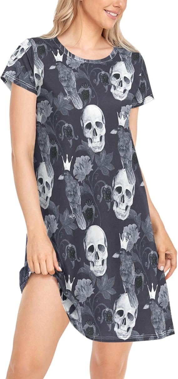 Stylish Women's Girls Comfy Nightgown Floral Short Sleeve Nightshirts Loose PJs House Dress S-XXL - skull pajamas