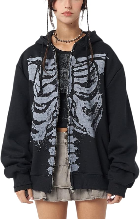 Yuemengxuan Womens Y2K Zipper Hoodie Oversized Sweatshirt Fall Outfits - skull hoodie
