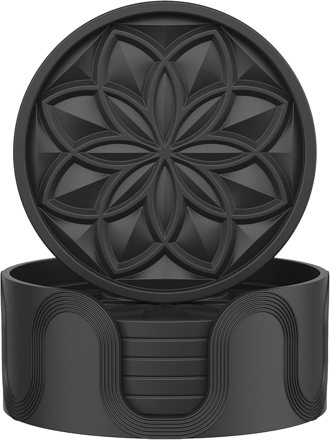 Silicone Coasters Set with Holder - 6 Pack Drink Coasters for Coffee Table, Bar, Desk - Tabletop Protection Gift - Black - skull coaster