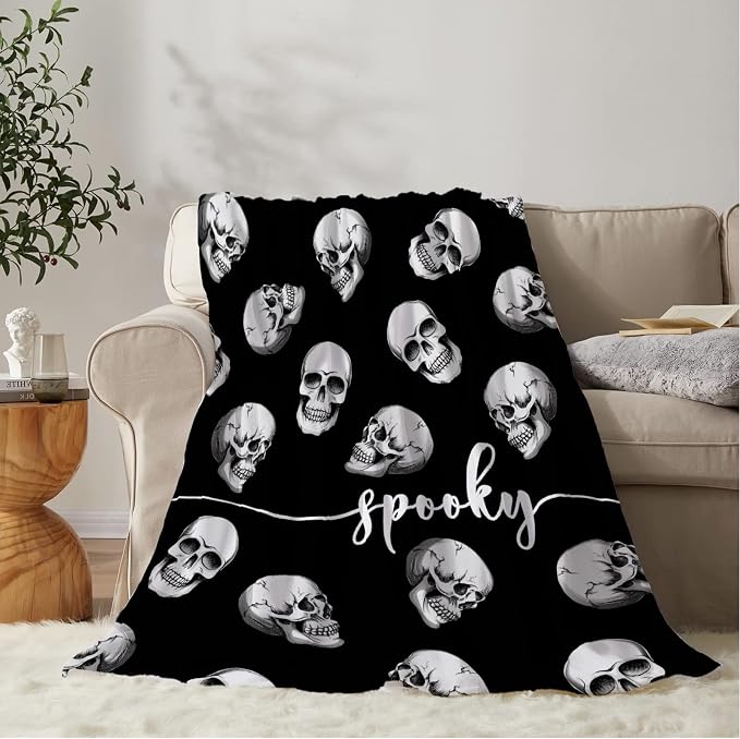 YeeJu Halloween Throw Blanket Black Spooky Skull Throw Blanket Halloween Cozy Soft Lightweight Fuzzy Plush Fleece Blankets and Throws Couch Sofa Bed Holiday Decorative Print Blanket 50×60