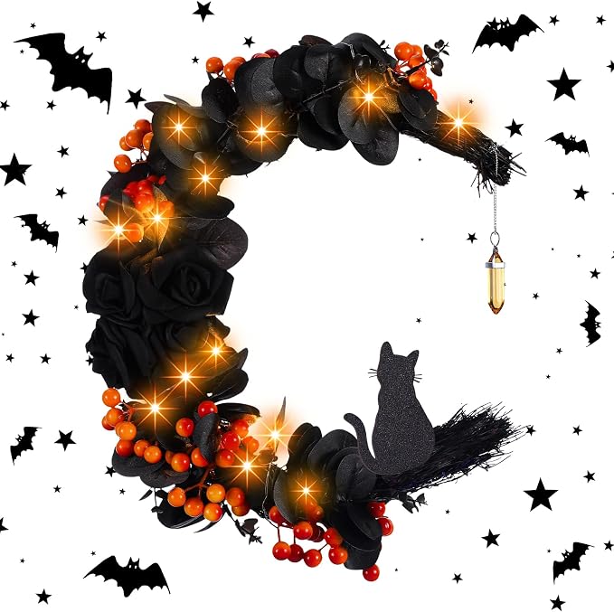 Halloween Wreath for Front Door Moon Cat Wreath with Light, Orange Berry - skull wreath
