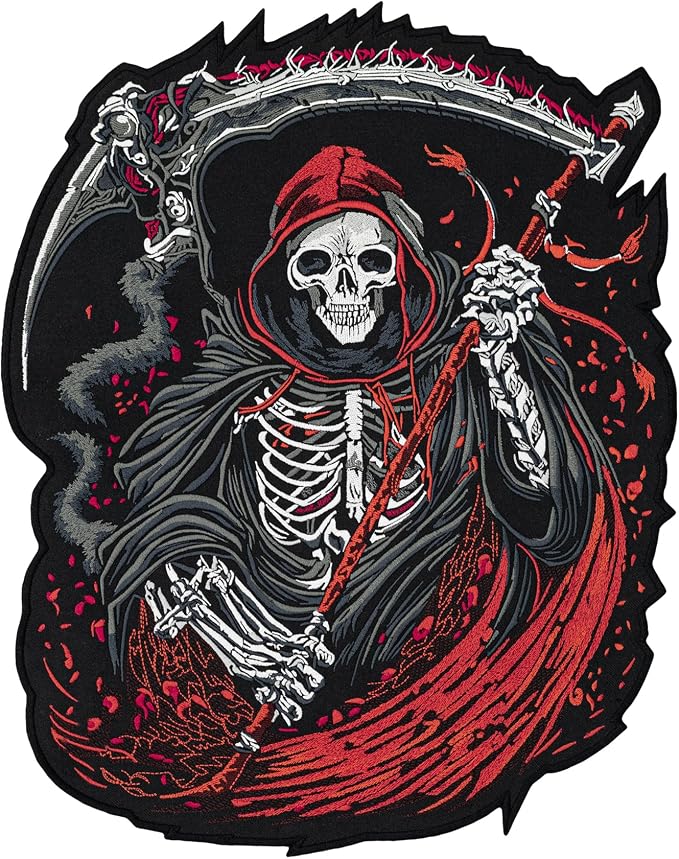 EMBROVERSE Grim Reaper Biker Large Back Patch, Embroidered Iron-On Skull - skull jacket
