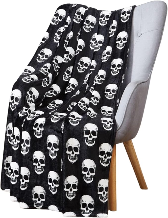 Serafina Home Halloween Fleece Throw Blanket, White Skulls on Black, 50×70