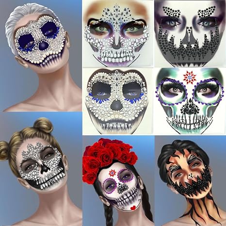 4 Sets Halloween Face jewels Glitters Sugar Skeleton Face Gems Jewels Festival Crystals Face Tattoos Stickers Eyes Face Body Day of the Dead Rhinestones Rave Face Gem Stick on Halloween Party Makeup - skull sticker