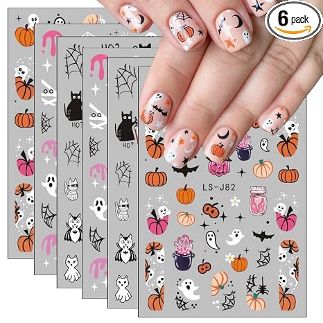 Halloween Nail Art Stickers Cute Ghost Pumpkin 3D Self-Adhesive Nail Decals Bat Cat Skull Designs Nail Decorations Halloween DIY Manicure Supplies for Women Girls&Kids 6Pcs - skull sticker