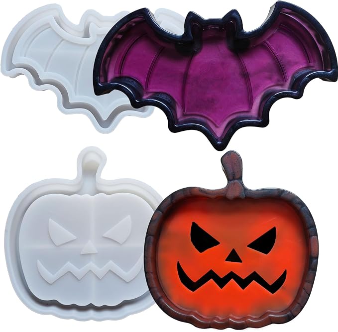 2 Set of Bat Pumpkin Tray Storage Resin Mold Molds Epoxy Resin Pumpkin Bat Shaped Halloween Tray for Fruit Candy Jewelry Cup Holder Container, DIY Making Decor Art Crafts - skull ashtray