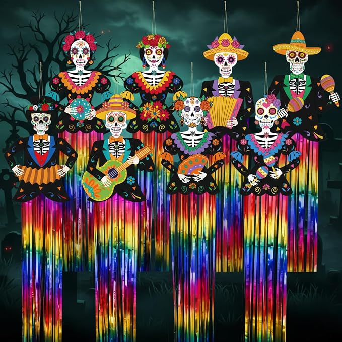 Kigley 8 Pcs Day of the Dead Sugar Skull Hanging Decorations Large Skeleton Dia De Los Muertos Party Decorations Sugar Skull Decor with Tassels Ropes for Halloween Party Outdoor Home 39.4 x 8.7 in - sugar skull ornament