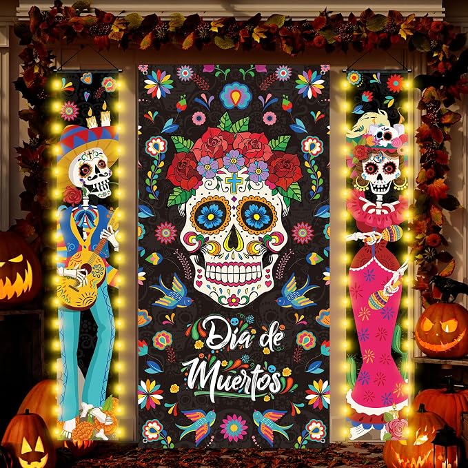 Tiamon 3 Pcs Day of The Dead Porch Sign with LED Lights, Mexican Dia De Los Muertos Party Door Decorations, Day of The Dead Sugar Skull Door Banner for Halloween Fiesta Party, 11.8 x 70.9 Inches - string light