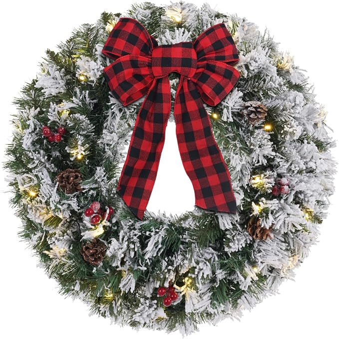 Christmas Wreaths for Front Door, DECSPAS 24 Inch 2 FT Prelit Snowy Flocked Christmas Wreath with Timer 30 LED Lights Bow Red Berries Pine Cone, Xmas Wall Windows Decorations Home Decor Outdoor Indoor - skull wreath