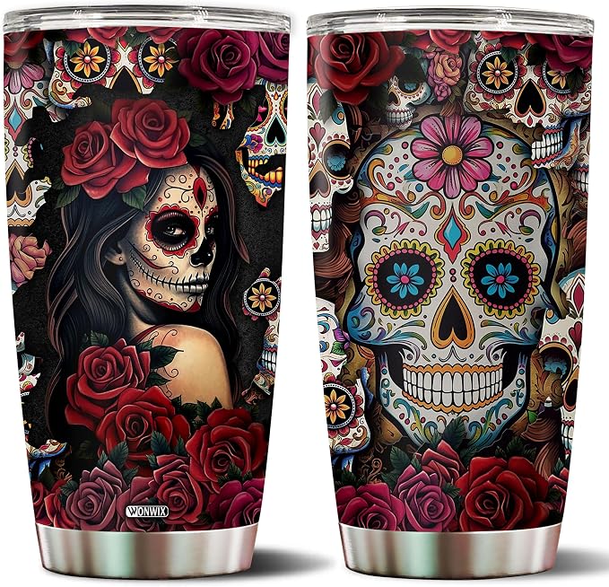 Sugar Skull Gifts for Women Insulated 20oz Stainless Steel Coffee Cup Travel Mug Water Bottle Tumbler With Lid Tattoo Girls Wife Daughter Mom - skull candle