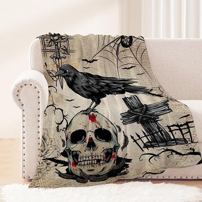 Halloween Throw Blanket Vintage Skull Throw Blanket Halloween Lightweight Fuzzy Cozy Soft Fleece Blankets and Throws Couch Sofa Bed Outdoor Holiday Decorative Print Blanket 50x60 - skull blanket