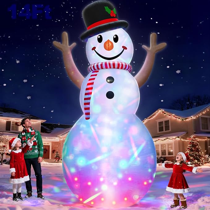14 Ft By 7.5 Ft Huge Christmas Inflatable Snowman with Rotating Colorful Lights Hat & Scarf Christmas Decorations Outdoor with Build-in LED Lights Xmas Blow Up Yard Decor for Lawn Garden Holiday - skull inflatable