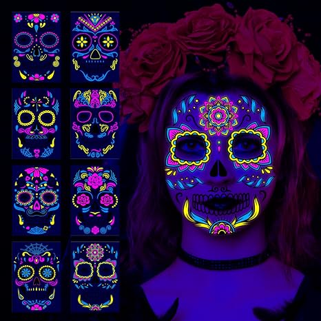 Halloween Temporary Tattoos Day of the Dead Stickers for Women Men Face Decoration Glow In The Dark Tattoo UV Neon For Halloween Party Makeup 8 Large Sheets Tattoo Decals - sugar skull makeup