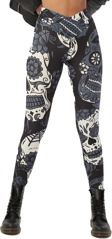 sissycos Women's Christmas Halloween Crossover Leggings High Waisted - skull leggings