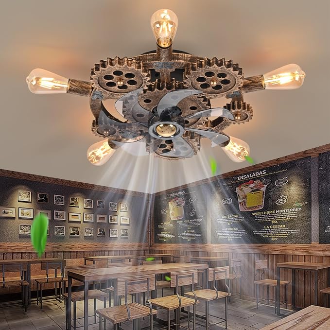 20″ Retro Industrial Steampunk Ceiling Fans with Lights and Remote,Low Profile Flush Mount Bladeless Ceiling Fan with Light,Nautical Style 6 Speeds for Bedroom Kitchen Island Bar Cafe