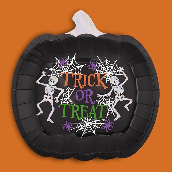 xo, Fetti Halloween Trick or Treat Pumpkin Plates - 25 pk, 9" | Happy Halloween Party Decorations, Spiderweb Supplies, Spooky Tableware, Cake Plates - skull plate