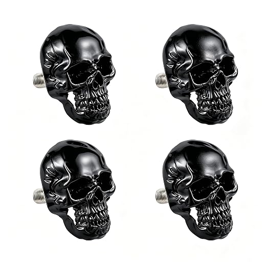 Black Skull License Plate Fastener Kit, 4Pcs Mini Decorative Tag Bolts - skull plate