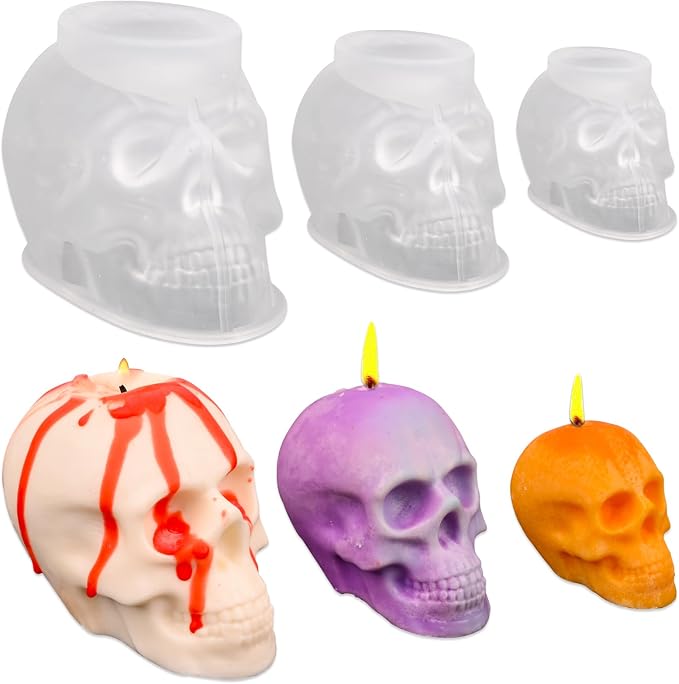 HUAKENER 3 Pack Skull Candle Molds, 3D Halloween Candle Molds - skull candle