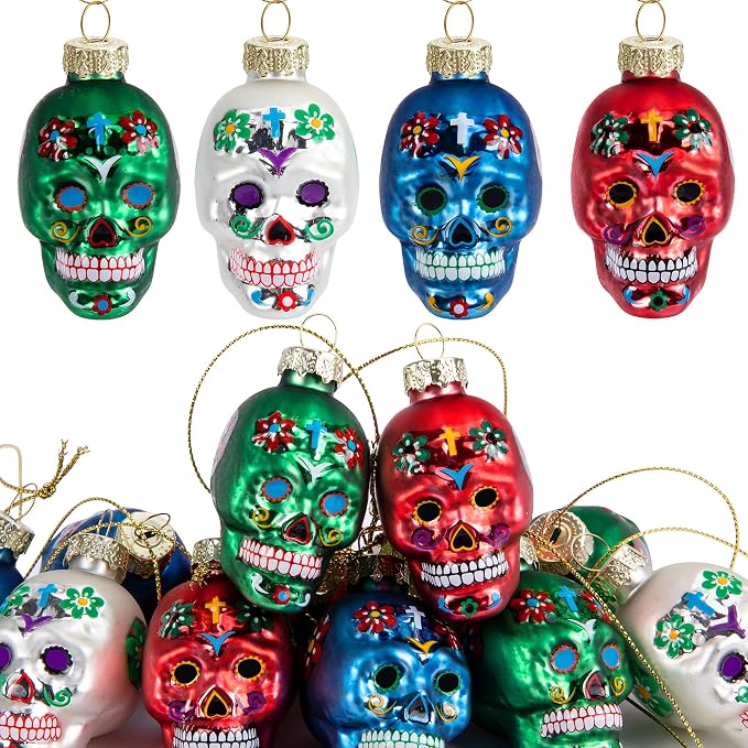 12pcs Day of The Dead Glass Ornaments-Dia De Los Muertos Sugar Skull Decor - skull painting