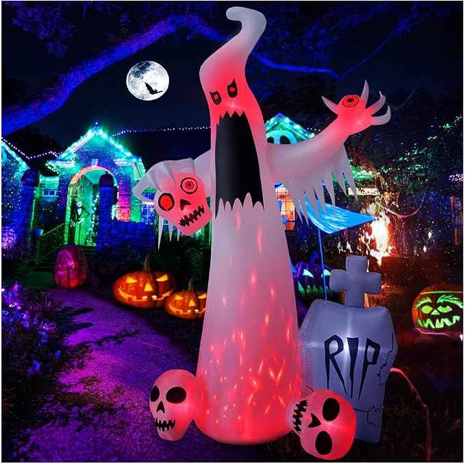 HOPOCO 12 FT Halloween Inflatables Outdoor Decorations Ghost with 3 Skulls - skull inflatable