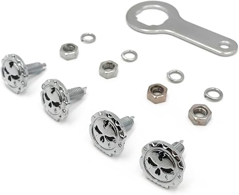 MT414-003- Chrome Gear Skull License Plate Mount Hardware Wrench Lockwasher Nut 1/4" Screw - skull plate
