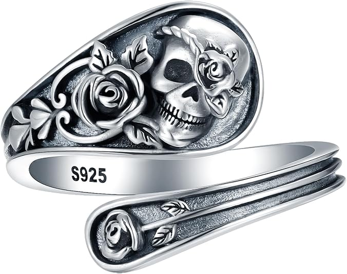 Sterling-Silver Skull Spoon Ring – Gothic Adjustable Ring Rose Flower Statement Butterfly Ring Boho Victorian Vintage Thumb Rings Halloween Jewelry Gifts for Women