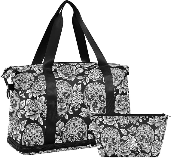 Weekender Bag for Women, Gym Sports Duffle Travel Tote with Toiletry Bag Shoes Compartment - skull suitcase