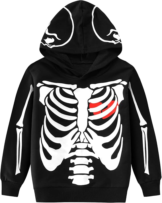 Little Hand Halloween Hoodies for Boys Glow in Dark Skeleton Ghost Bat Sweatshirt Hooded Shirt 3-10 Years - skull hoodie