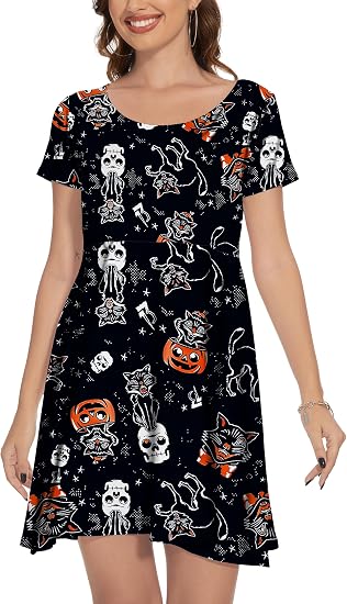 TMSD Halloween Women‘s Short Sleeve A-Line Vintage Swing Dress - sugar skull dress