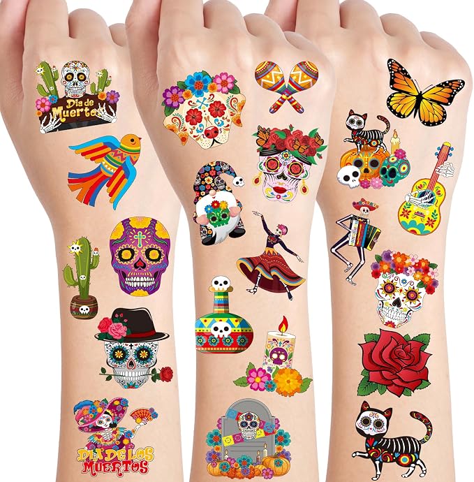 DPKOW 96 Pcs Day of the Dead Temporary Tattoos for Kids, Dia De Los Muertos Tattoos Waterproof Mexican Festival Skull Cactus Guitar Tattoos Stickers for Boys Gilrs Halloween Party Supplies Decorations - skull sticker