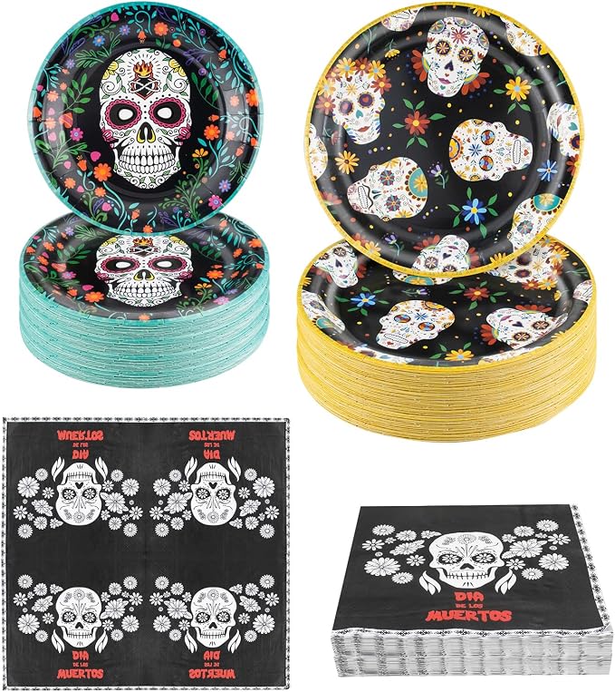 180Pcs Day of the Dead Party Supplies Paper Plates and Napkins Serve 60 - skull plate