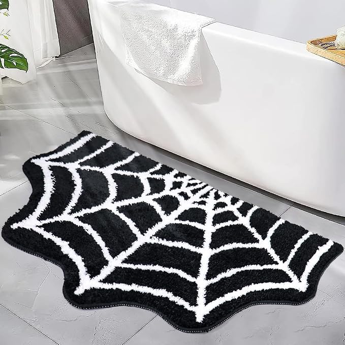 Spider Web Bath Mat, 31×20" Halloween Bath Mat Non-Slip Rugs Spiderweb Rug Machine Washable Goth Area Rugs Gothic Rug for Front Door, Bedroom, Living Home (Black) - skull carpet
