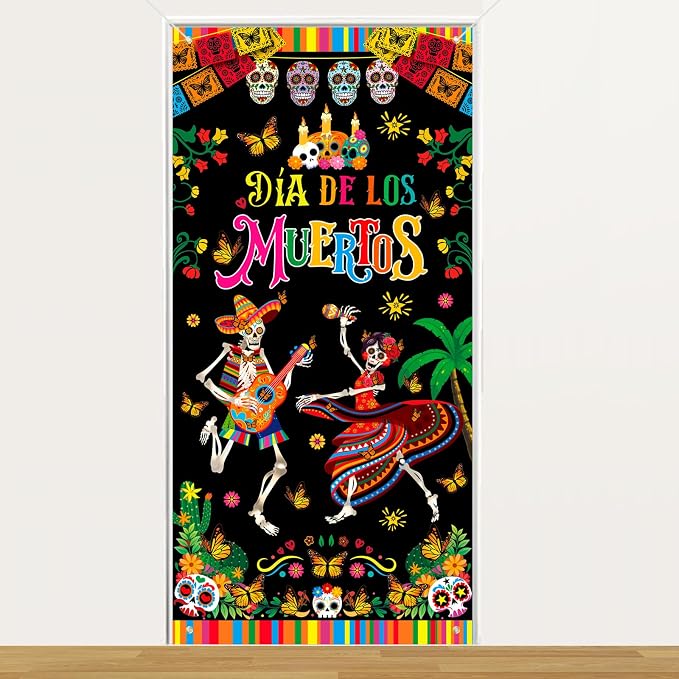HOWAF Dia De Los Muertos Door Cover, Day of the Dead Party Decoration Door Banner, Sugar Skull Marigold Flower Welcome Banner for Halloween Mexican Fiesta Dia De Los Muertos Party Supplies - skull carpet